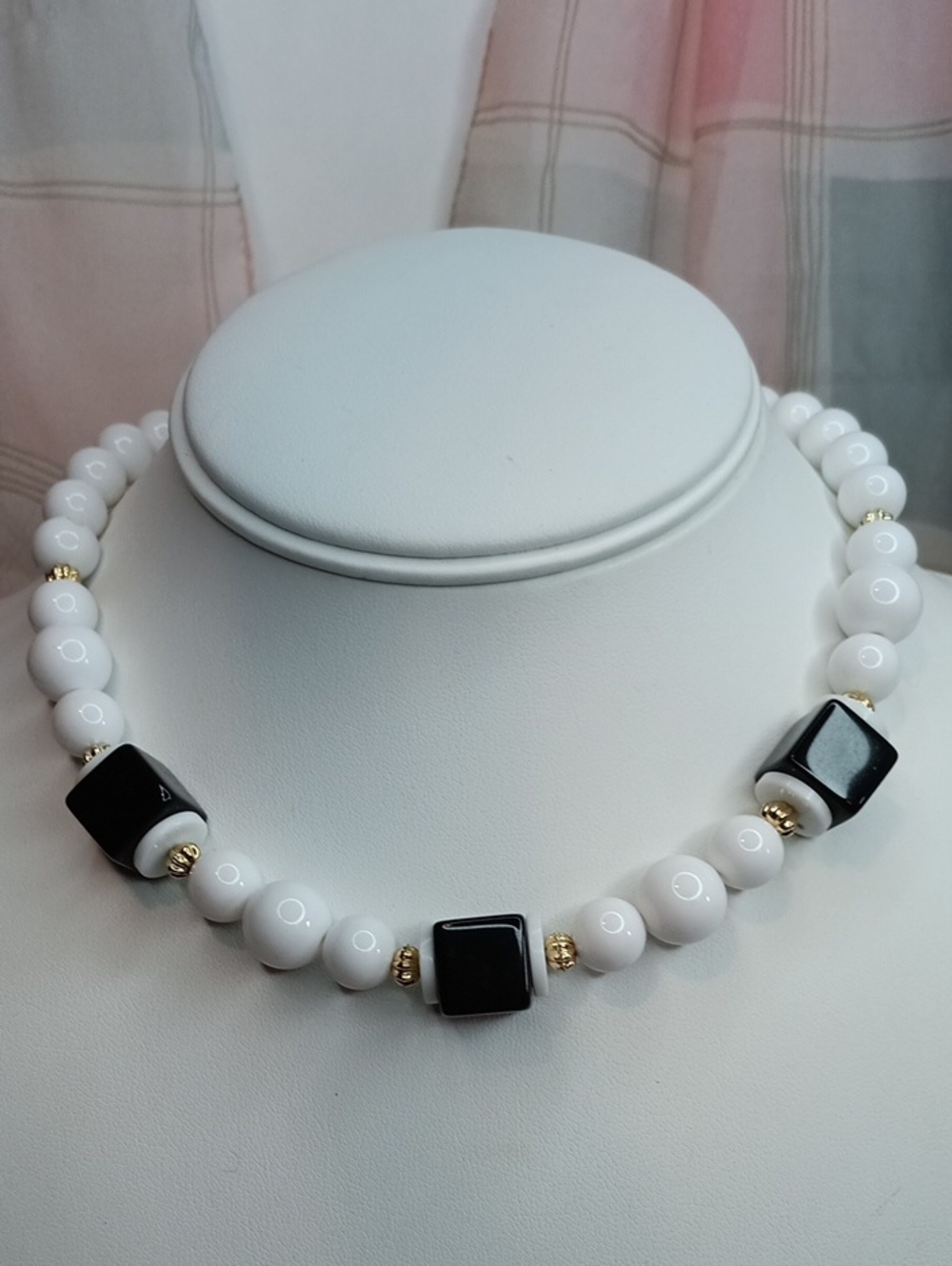 Elegant Black & White Beaded Choker Necklace with Gold Accents 15" Long